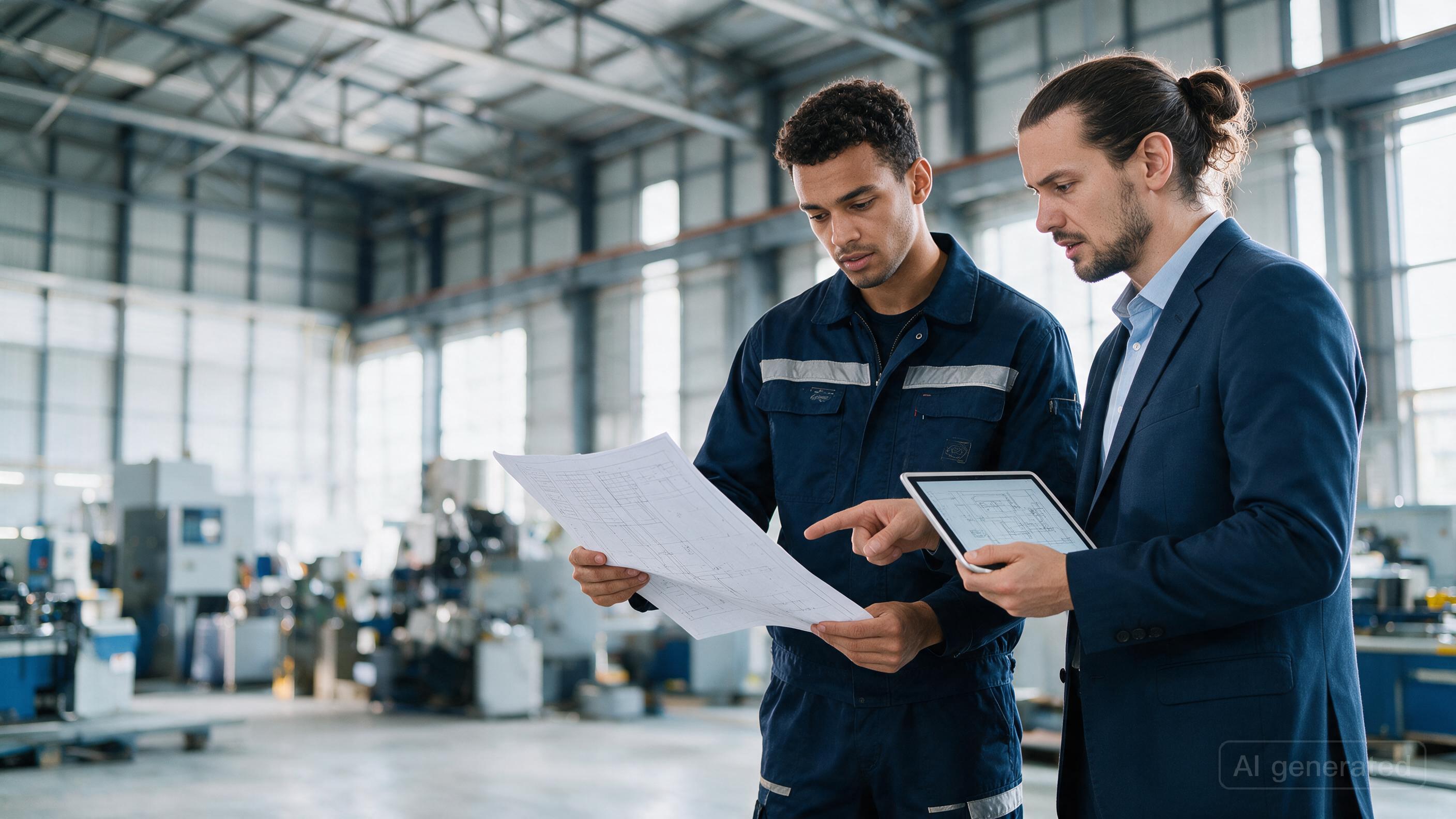 Engineers reviewing manufacturing documents in an industrial environment
